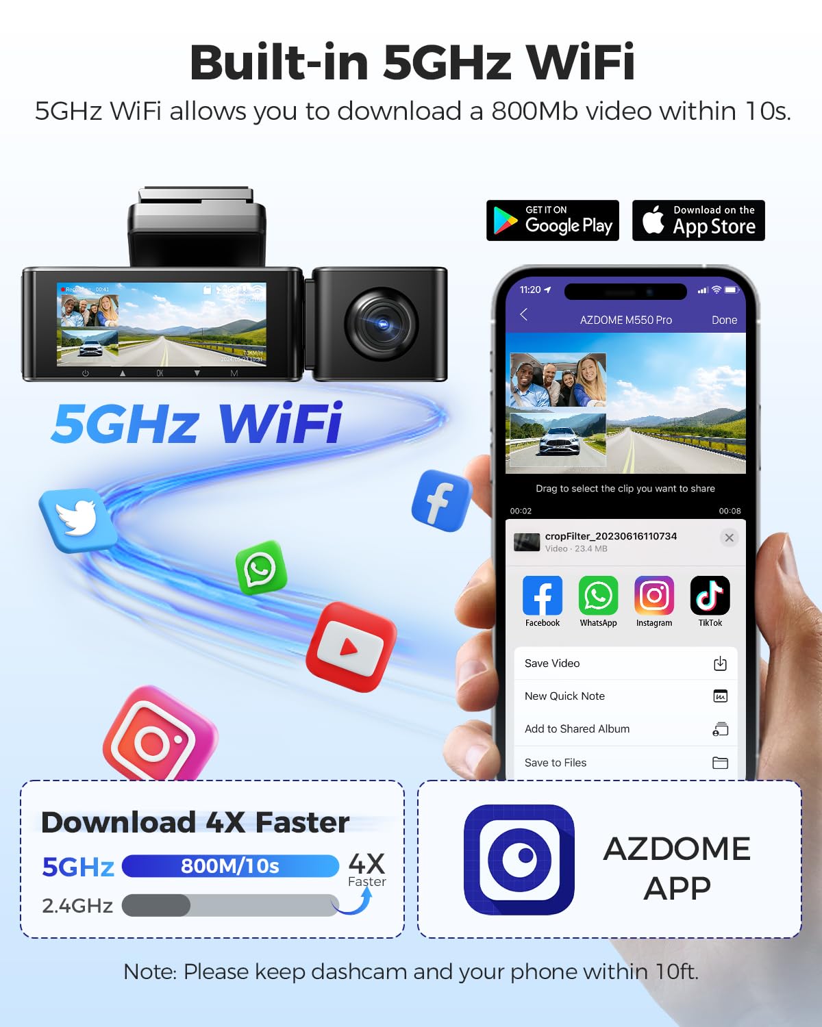 AZDOME M550 Pro 5G WiFi Dash Cam, 4K Dual Front & Rear, Built-in GPS, 64GB Card, 3.19 IPS Screen, IR Night